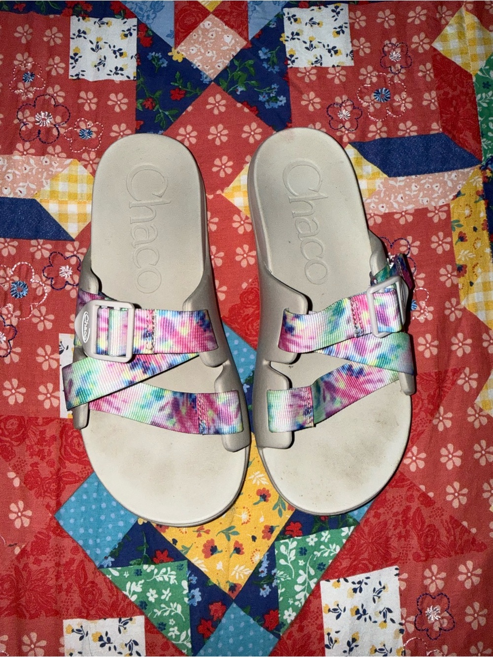 Chaco Women's Cream Footbed Slide Sandals with Multicolor Tie-Dye Straps